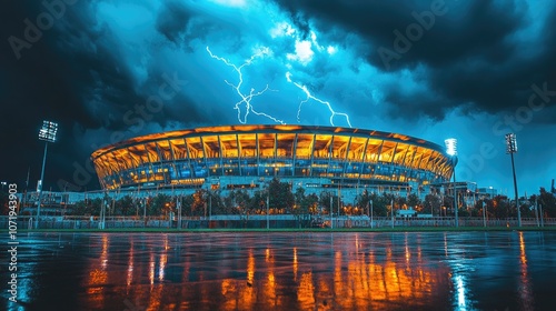 Lightning strikes a modern stadium during a thunderstorm. photo