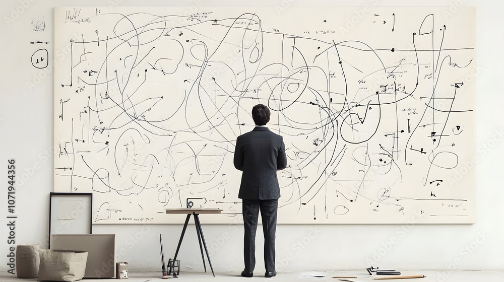 A man in a suit contemplates abstract art on a large canvas. A man in a suit contemplates abstract art on a large canvas.