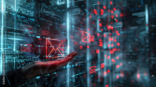 Futuristic concept of a hand interacting with digital networks and data connections in a high-tech environment