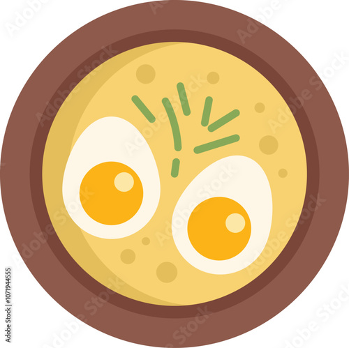 Cartoon vector icon of a soup with eggs and greens in a brown bowl, perfect for a tasty dinner