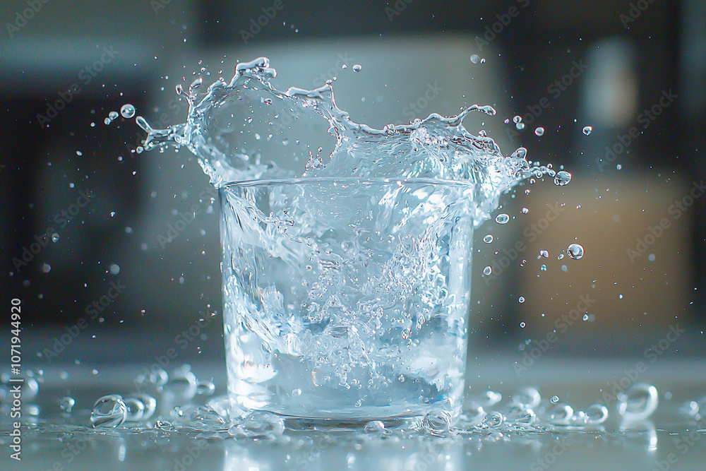 Water splashes dramatically from a glass on a smooth surface indoors Water splashes dramatically from a glass on a smooth surface indoors