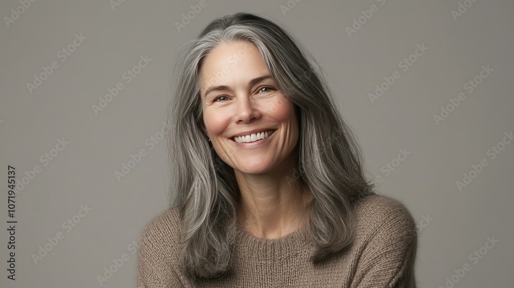 Obraz premium Smiling Woman with Long Gray Hair in Cozy Sweater