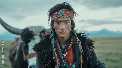 Tibetan yak herder in traditional garb in the highlands photo