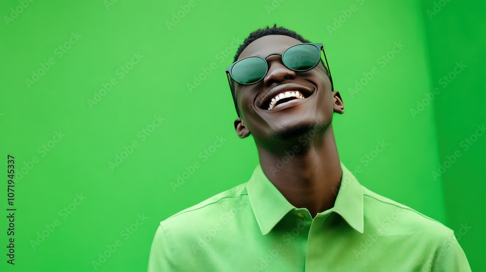 Smiling Man in Sunglasses Against Green Background Smiling Man in Sunglasses Against Green Background