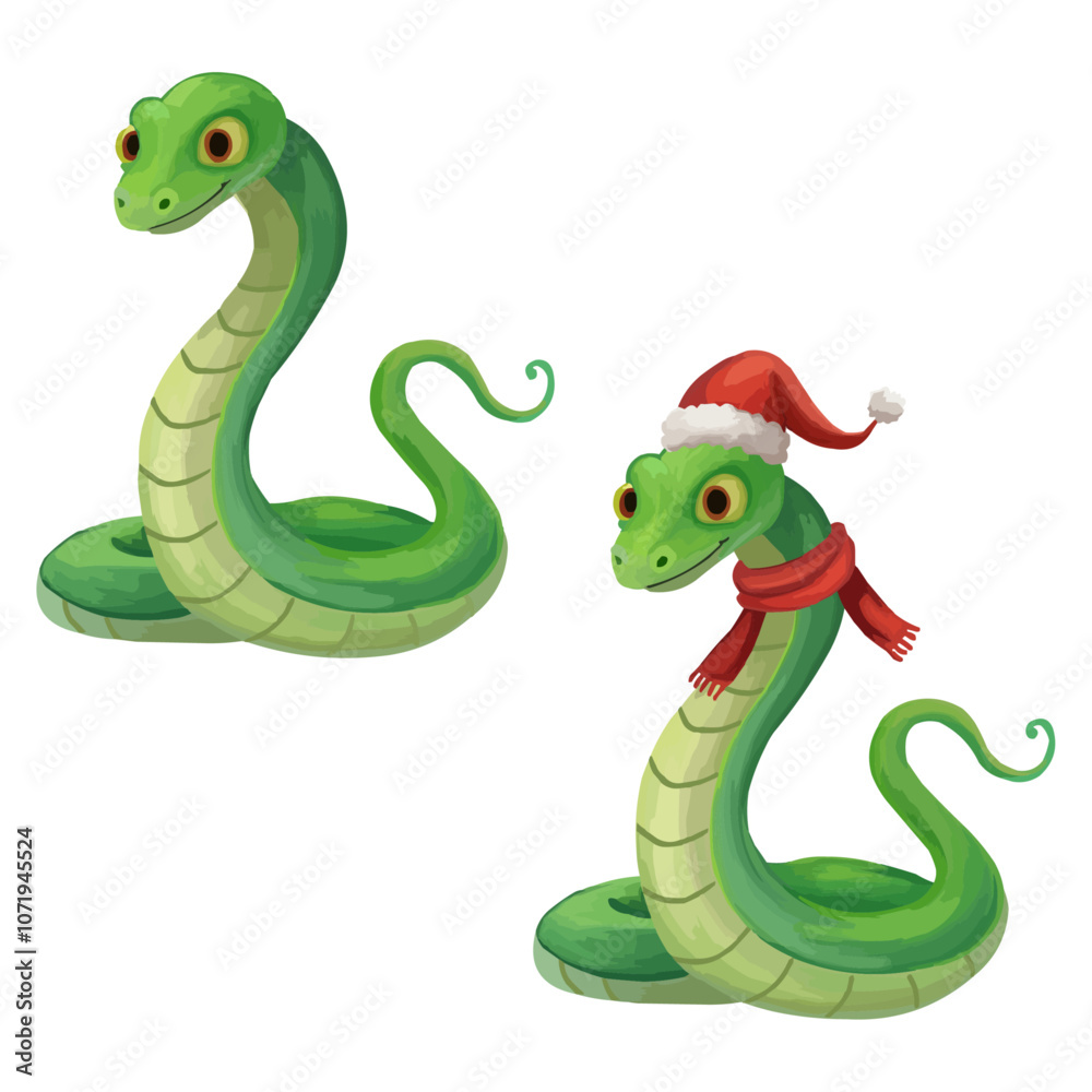 Naklejka premium Christmas snake character dressed in a red hat and scarf Year of the symbol snake