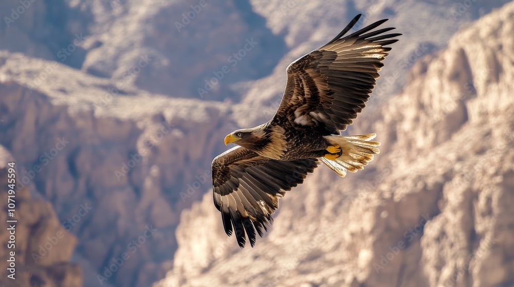 Fototapeta premium A majestic eagle soars with widespread wings, gliding effortlessly over rugged desert cliffs against a clear sky.