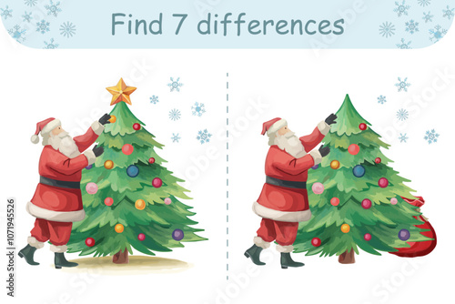 Christmas find differences game for kids Festive preschool activity for children with Santa Claus and Christmas tree