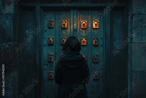 A mysterious figure stands before a door with multiple locks at dusk