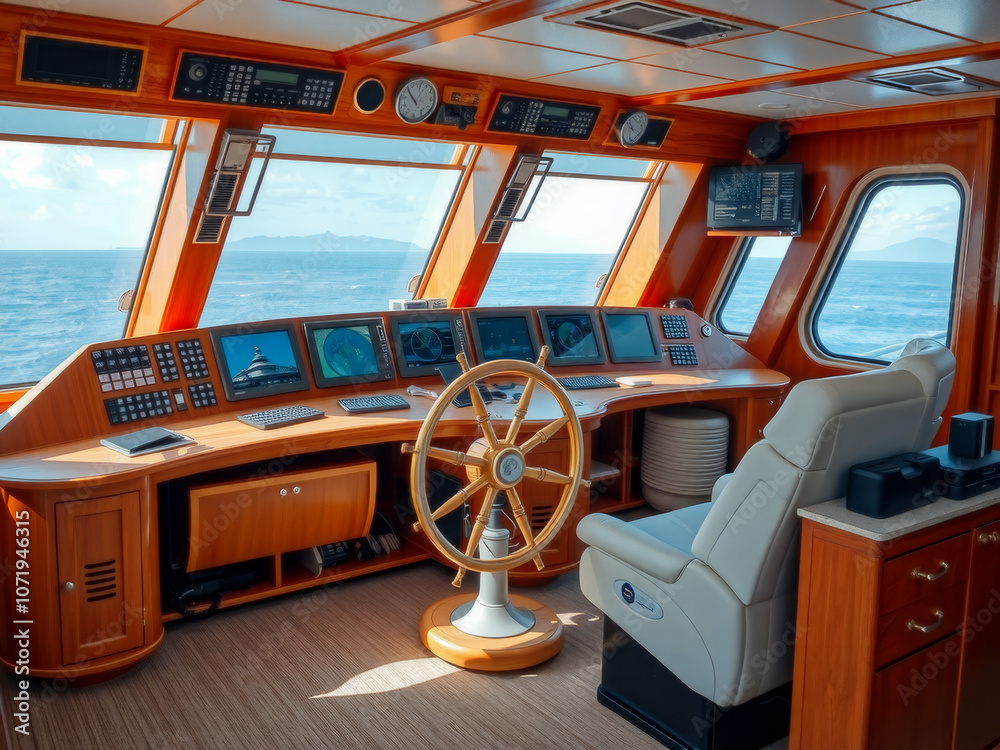 A large boat with a wooden dashboard and a steering wheel. The steering wheel is gold and the dashboard has many buttons