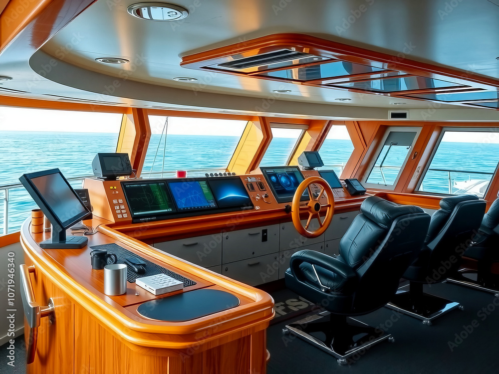 The inside of a large boat is shown with a steering wheel and a large window. The steering wheel is black and the window is wide open, allowing for a clear view of the ocean