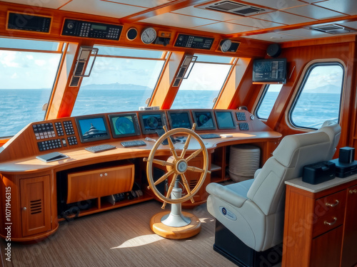 Obraz na płótnie A large boat with a wooden dashboard and a steering wheel. The steering wheel is gold and the dashboard has many buttons w salonie