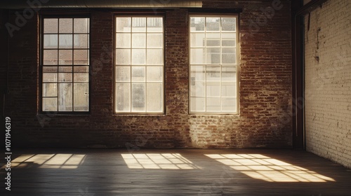 An empty warehouse with large windows streams sunlight onto exposed brick walls and wooden floors, creating a contrast of industrial and serene.