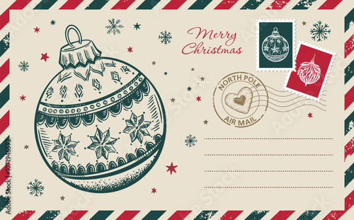 Christmas mail, postcard with ball, hand drawn illustration.	
