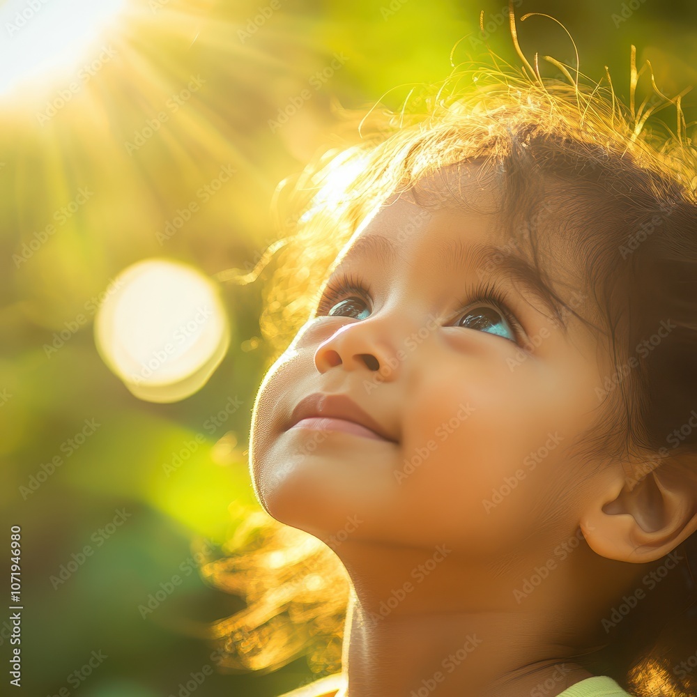 Fototapeta premium Hopeful child looking up with bright eyes, warm sunlight on face, innocence and optimism, outdoor scene