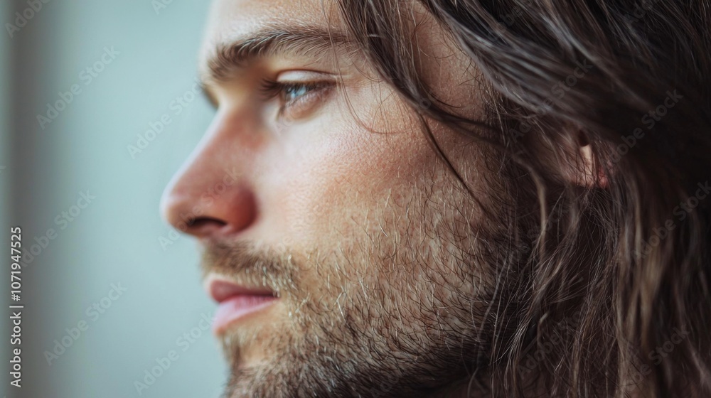 Obraz premium Young bearded long hair man close up portrait