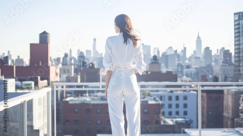 A woman in a stylish white outfit gazes over the city skyline from a modern rooftop, captured in serene daylight.