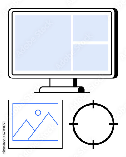 Computer monitor with a divided screen layout, a framed landscape image with mountains, and a target icon. Ideal for web design, project management, photography, media planning, IT services, graphic