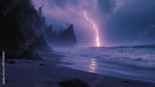 A dramatic lightning bolt illuminates a stormy coast, highlighting the power and majesty of nature against the dark, turbulent sea.