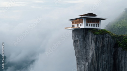 Bhutanese monastery perched on a high mountain cliff photo