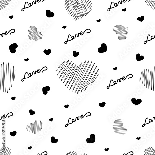 Seamless pattern with inscriptions love and hearts with lines on a white background