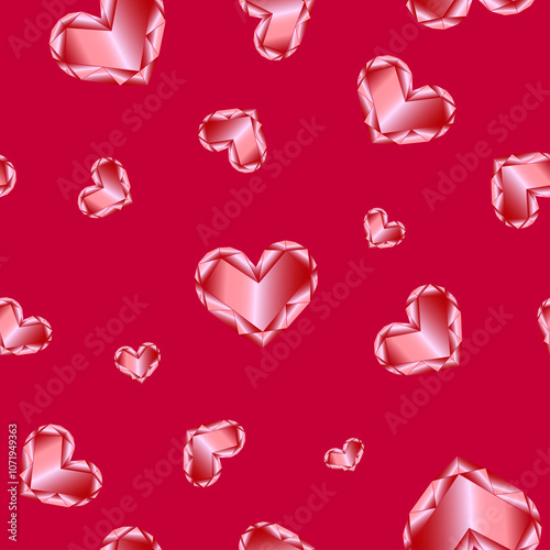 Seamless pattern with red crystal hearts on a pink background