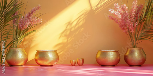 Traditional brass pots with sugarcane stalks placed at the corners photo