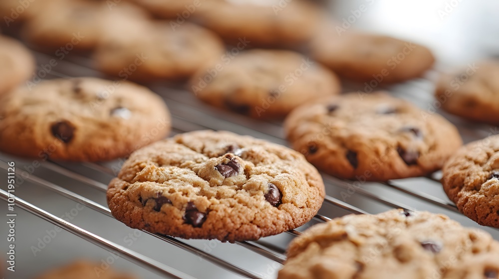 Freshly baked chocolate chip cookies cooling on a wire rack. Freshly baked chocolate chip cookies cooling on a wire rack.
