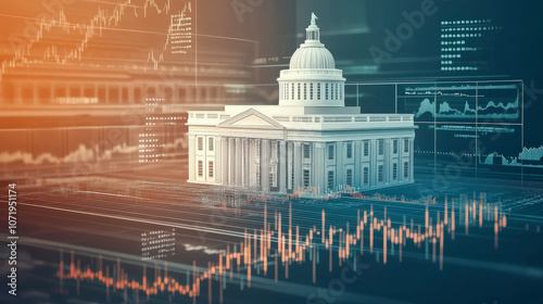 A digital illustration of a government building surrounded by graphs and data, symbolizing economic analysis and financial decision-making in politics.