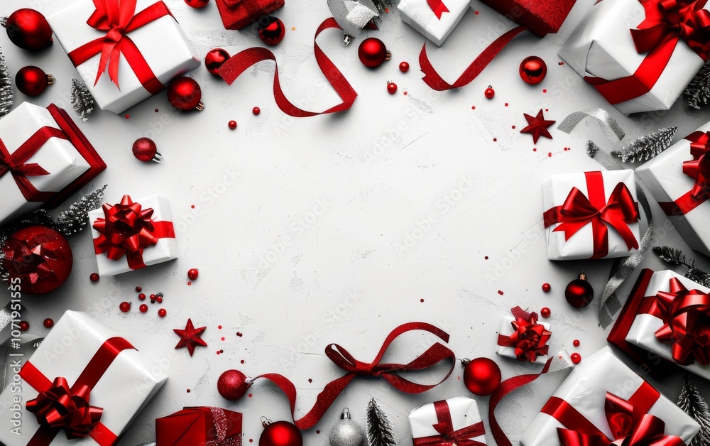 A white background with a red frame and a bunch of red boxes and ornaments A white background with a red frame and a bunch of red boxes and ornaments