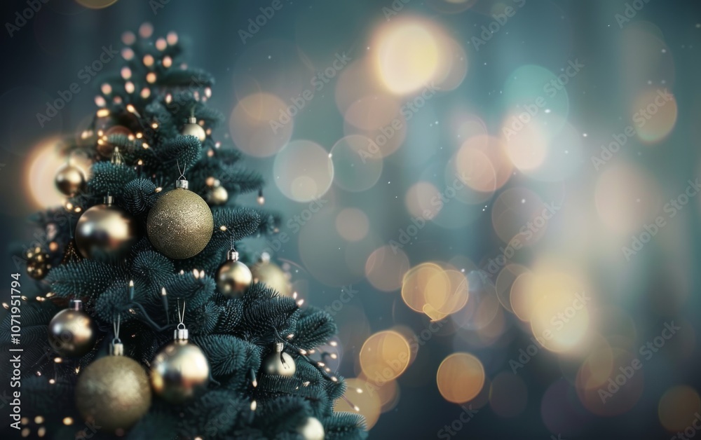 A Christmas tree with gold ornaments and lights A Christmas tree with gold ornaments and lights