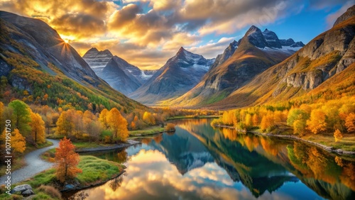 Panoramic fall view of valley at sunrise with autumn mountain, calm lake and dramatic sky in More og Romsdal, Norway, Europe  photo