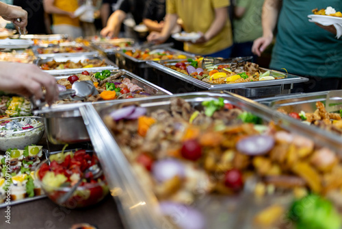 A vibrant buffet spread featuring a variety of dishes at a festive gathering with guests serving food on plates