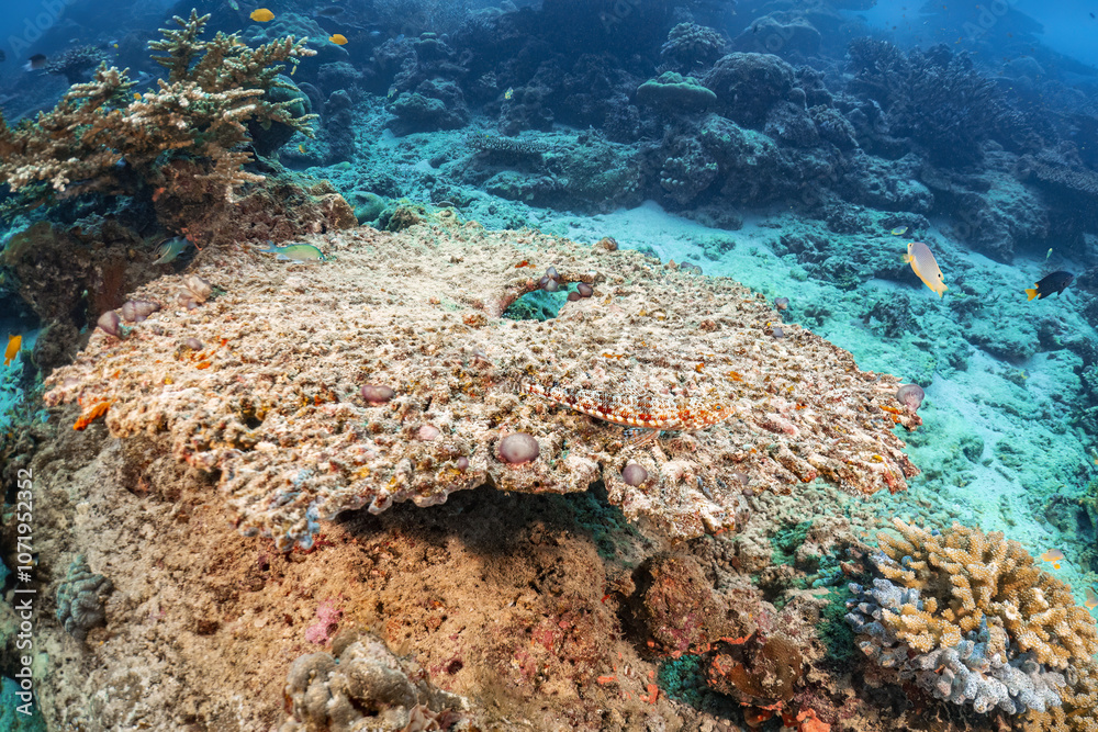 Fototapeta premium Real coral reef underwater photography marine biology ecosytem with colorful sea fish swim around in deep dive blue water landscape background in concept of global environment impact and bleaching