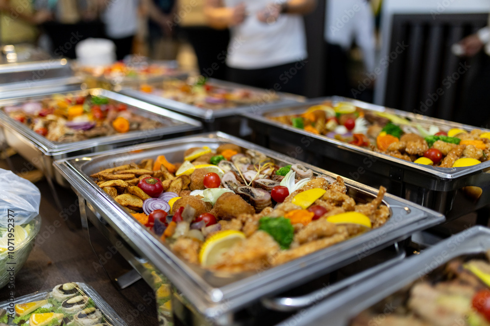 Vibrant buffet spread featuring a variety of dishes at a social gathering in a festive atmosphere Vibrant buffet spread featuring a variety of dishes at a social gathering in a festive atmosphere