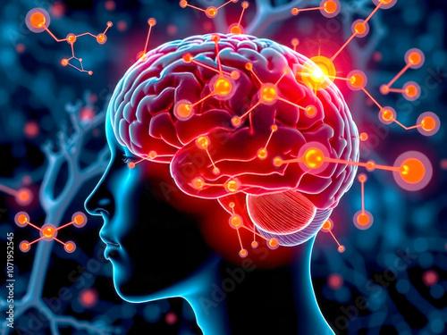 Obraz na płótnie A brain with many red dots and lines surrounding it. The brain is surrounded by a blue background w salonie