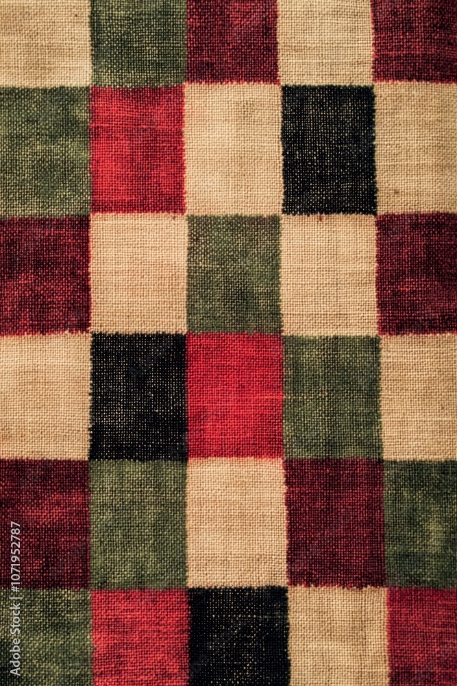 A red, green, and beige checkered fabric texture with a pattern of squares A red, green, and beige checkered fabric texture with a pattern of squares