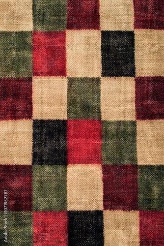 A red, green, and beige checkered fabric texture with a pattern of squares 