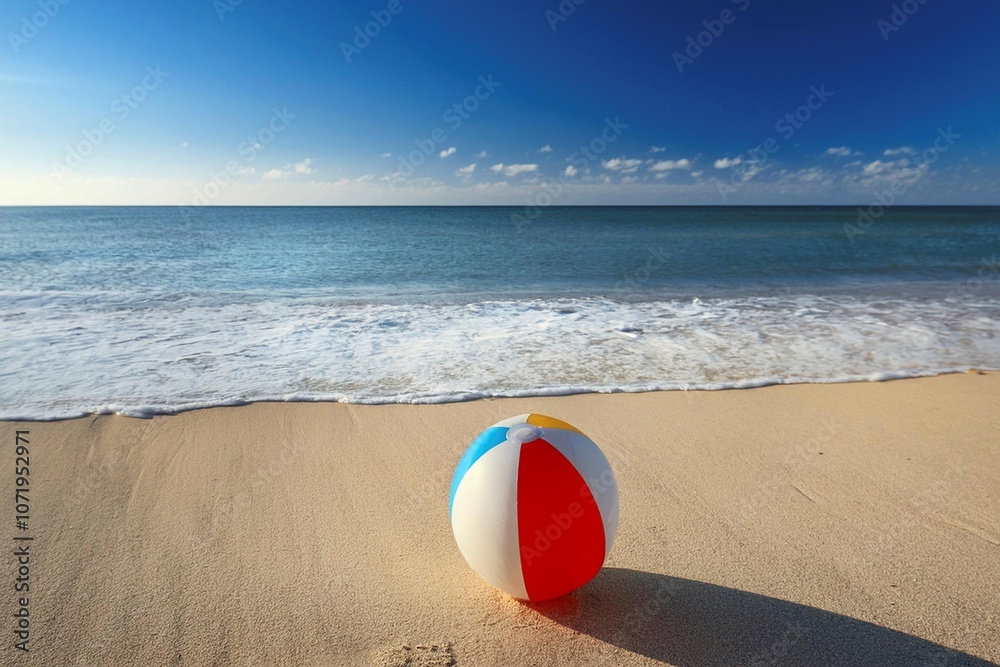 Obraz premium A vibrant beach ball sits on a sunny sandy beach with calm blue ocean waves in the background, evoking feelings of summer relaxation and fun.