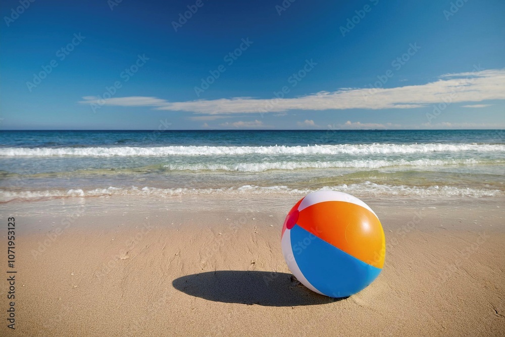 Obraz premium A striped beach ball on golden sand, overlooking the blue ocean waves. The image captures the essence of summer fun and relaxation.
