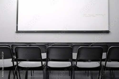 Empty Classroom with Whiteboard and Chairs Education Presentation Seminar Lecture Me photo