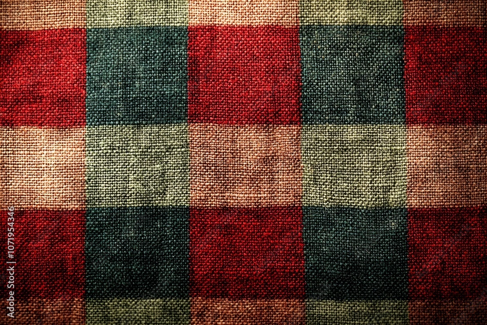 A red, green, and beige checkered fabric texture with a pattern of squares A red, green, and beige checkered fabric texture with a pattern of squares