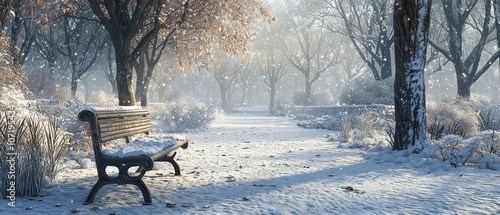 Experience tranquility on a snow-covered bench in a serene winter park