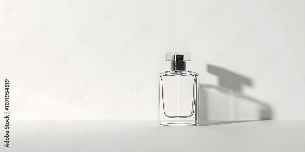 Clean blank glass perfume bottle mockup with subtle shadow on white background Clean blank glass perfume bottle mockup with subtle shadow on white background