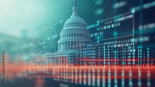 A digital representation of the U.S. Capitol building blends with binary code and data graphics, symbolizing technology's impact on government and politics.