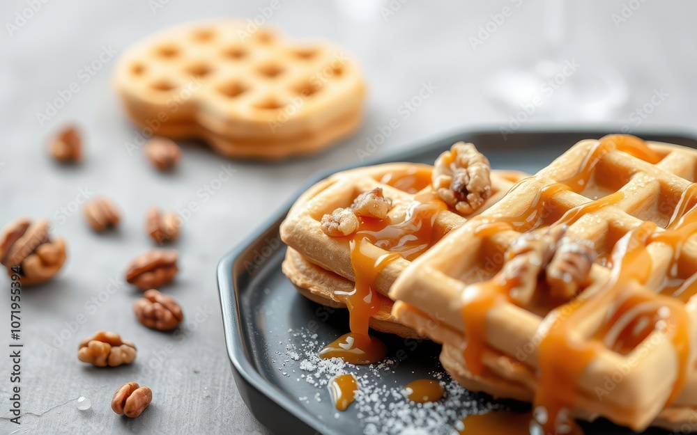 Caramel waffles topped with pecans and a drizzle of caramel sauce Caramel waffles topped with pecans and a drizzle of caramel sauce