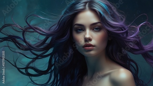 Enchanting Woman With Flowing Purple Hair in Dreamy Atmosphere