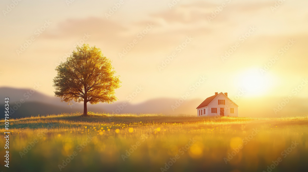 A serene countryside scene at sunset, featuring a lone tree and a cozy house on rolling hills under a golden sky. A serene countryside scene at sunset, featuring a lone tree and a cozy house on rolling hills under a golden sky.