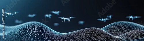 A digital landscape features drones flying over a textured terrain, illuminated by soft blue light, symbolizing advanced technology and innovation. photo