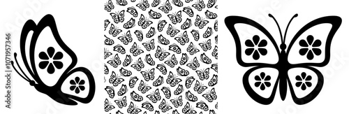 Black and white side view stylized monarch butterfly vector set with floral wings and seamless pattern with butterflies and flower elements. Elegant background is perfect for nature-inspired designs