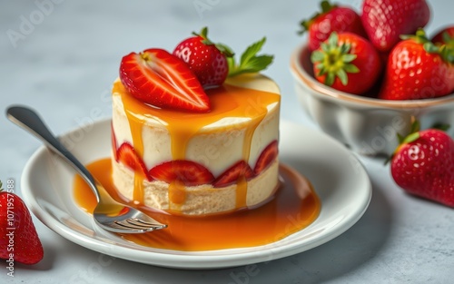 A small strawberry cake sits on a white plate, drizzled with caramel sauce. A fork rests next to the cake, and fresh strawberries are in a bowl behind photo